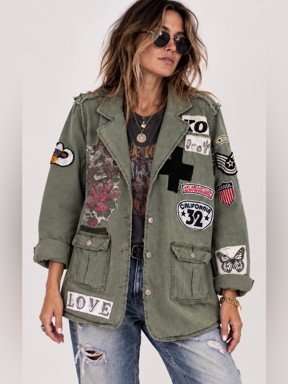 Upcycled Vici army green denim Patchwork Military Jacket